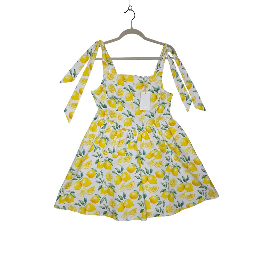 NWT SzL Lovelo Lemon Print MiniDress YellowWhite Tie‎ Shoulder Smocked Back Sexy